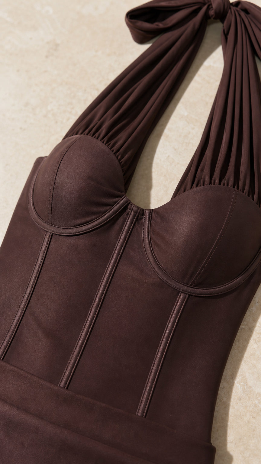 Close-up of halter strap and structured bustier seaming