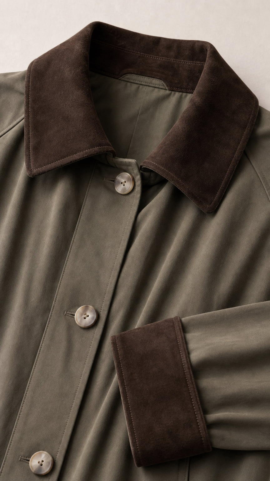 Close-up detail of dark brown contrast collar, button placket, and fabric texture