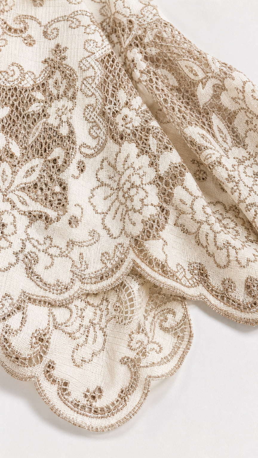 Close-up detail of Cream floral lace and scalloped sleeve hem