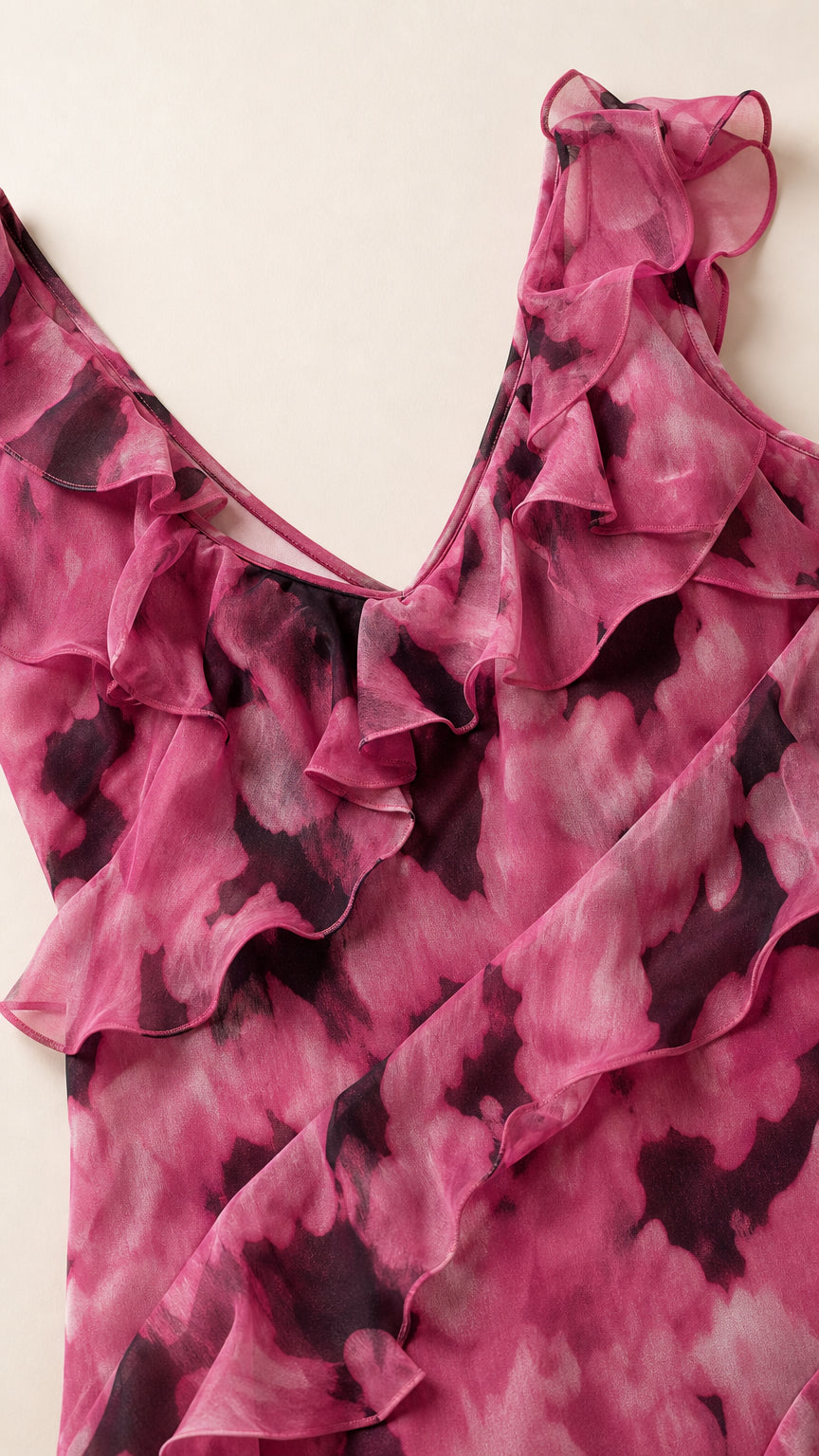 Close-up detail of the V-neckline and tiered ruffle texture on Fuchsia Pink dress