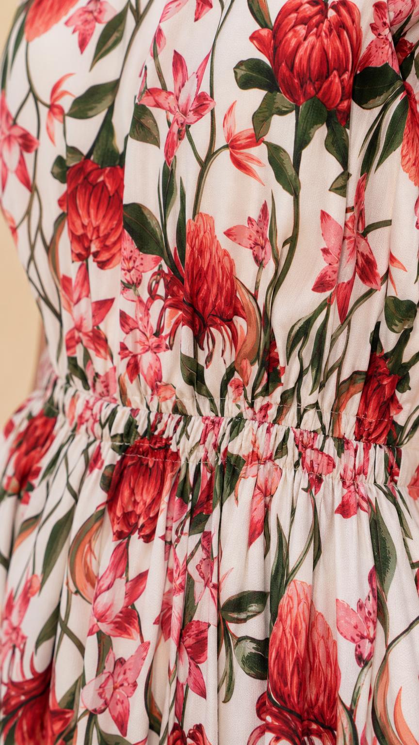 Close-up of floral print and elastic waistband detail