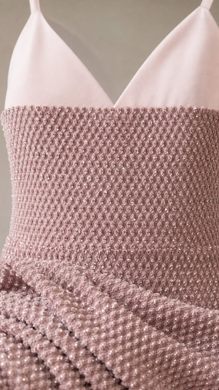 Close-up detail of bodice and textured fabric