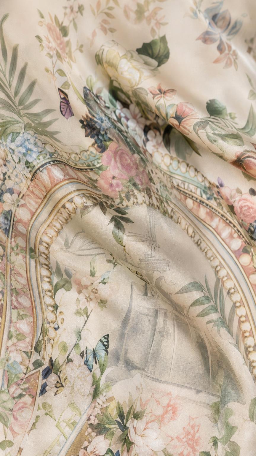 Close-up of fabric texture and botanical pattern
