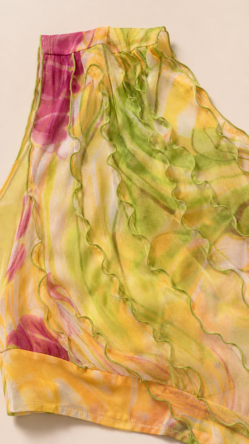 Close-up of the lightweight crinkled yellow floral fabric