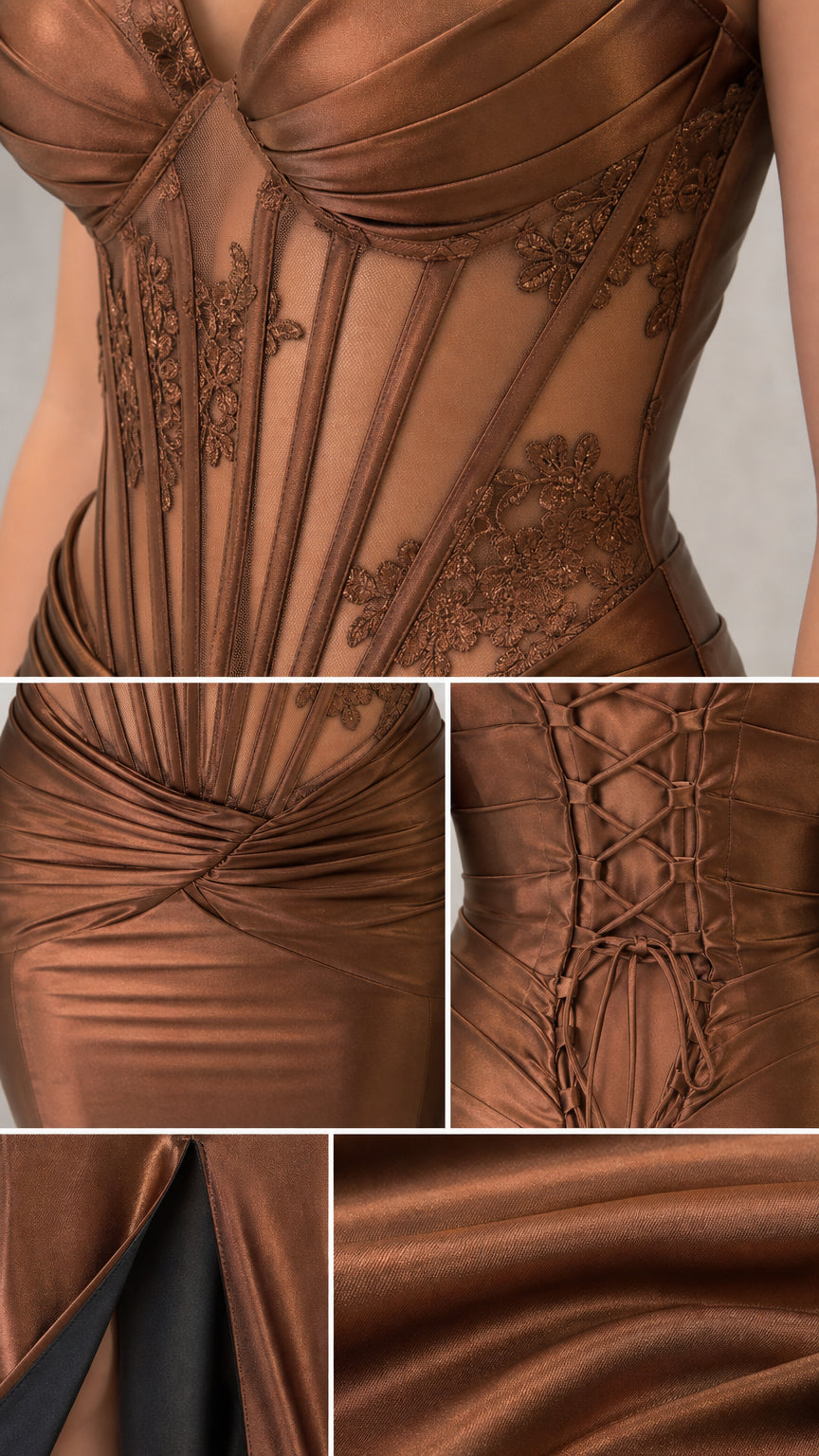 Close-up details of corset boning, lace panels, gathering, and slit
