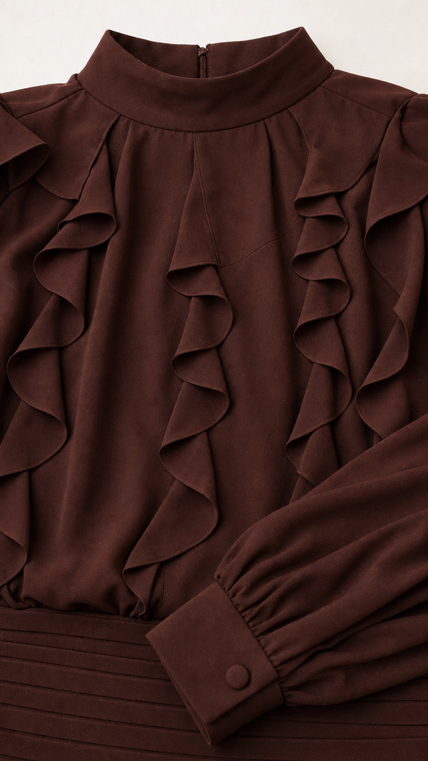 Close-up detail of high neckline, ruffles, and button cuffs