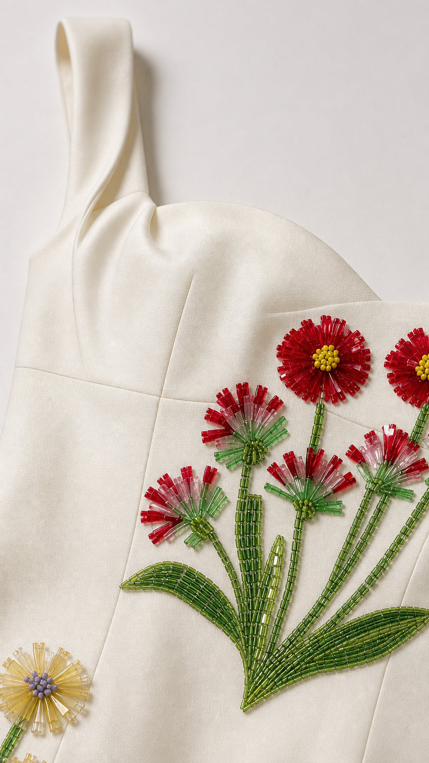 Close-up detail of beaded floral embroidery on white dress bodice