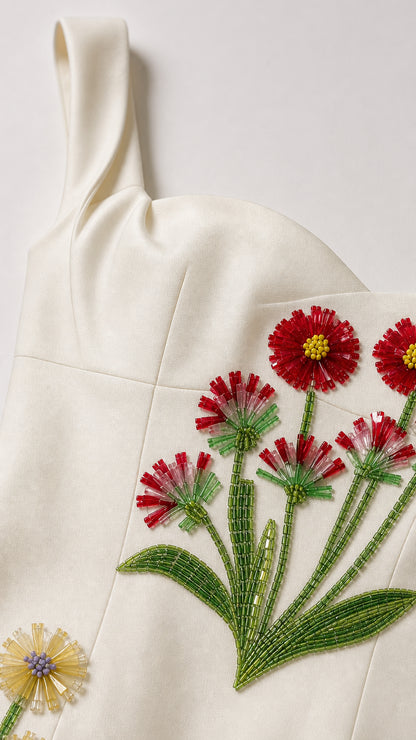 Close-up detail of beaded floral embroidery on white dress bodice