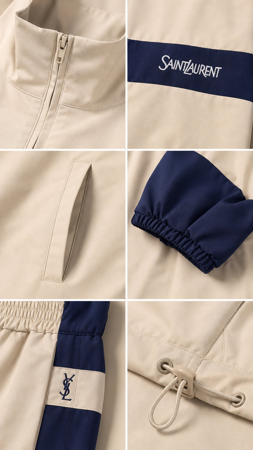 Close-up details of track jacket zipper, pocket, elastic cuff, and toggle drawstring hem