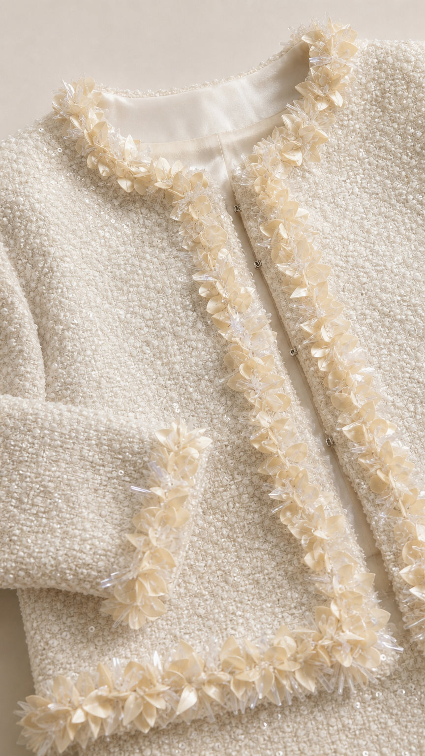 Close-up detail of floral trim on cream tweed jacket