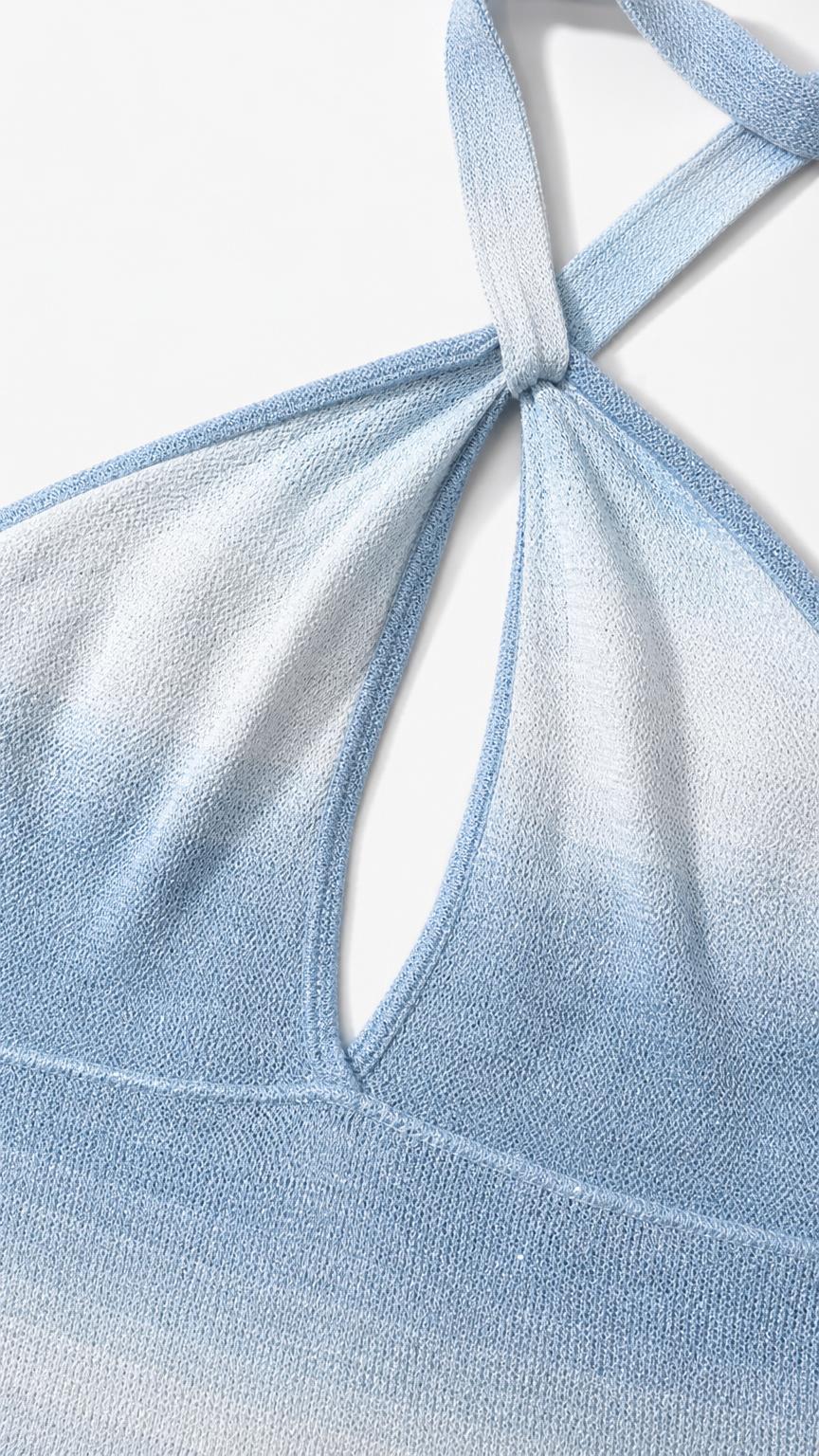 Close-up detail of blue ombre halter neck and keyhole cutout