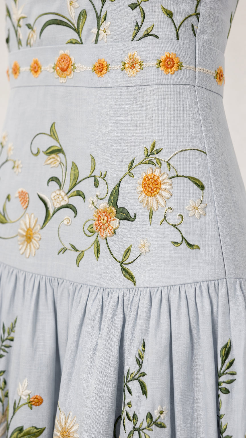 Close-up detail of delicate floral embroidery on textured fabric