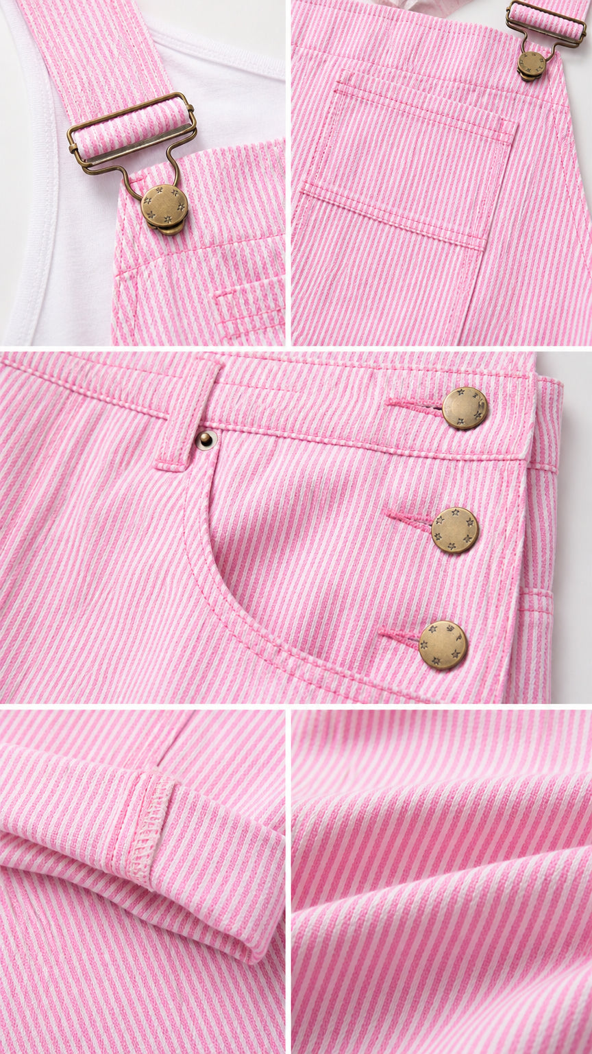 Close-up detail of pink woven overall fabric, strap hardware, stitching, and utility pockets