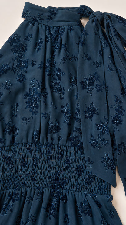 Close-up detail of Dark Teal halter neckline and smocked waist