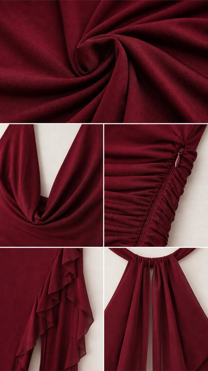Close-up details of fabric, cowl neck, zipper, and ruffle hem