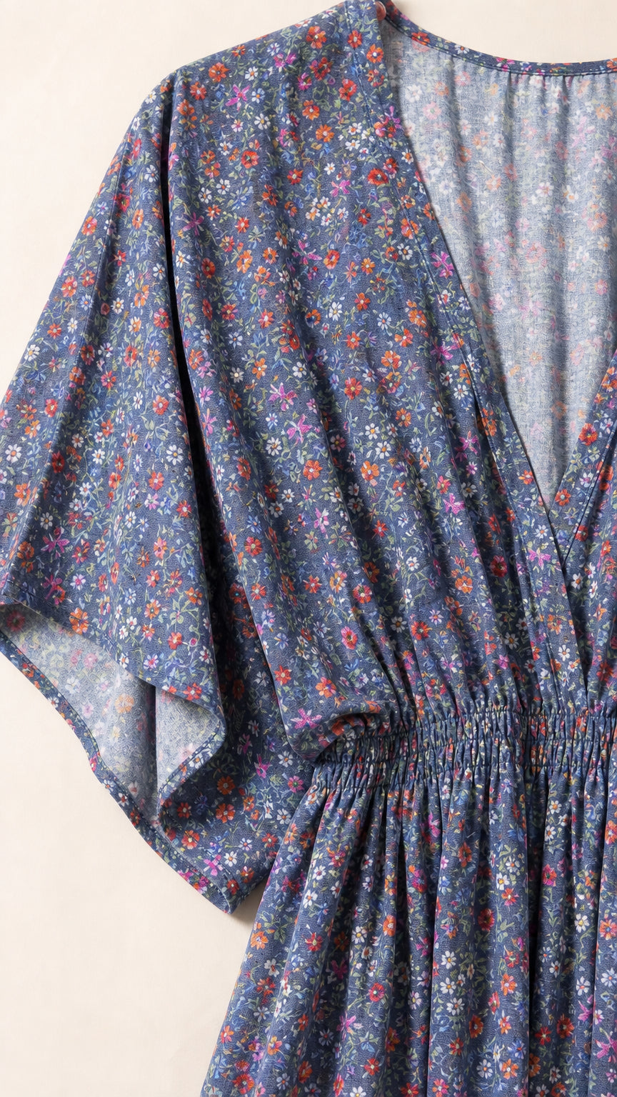 Close-up detail of V-neckline, smocked waist, and ditsy floral fabric