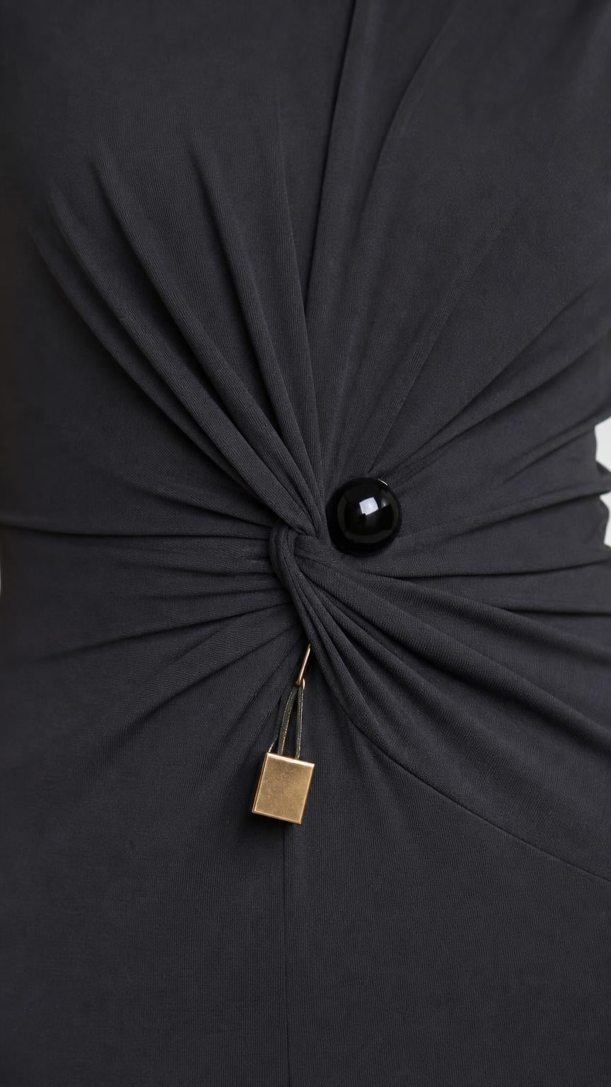 Close-up of gathered waist knot and gold lock charm detail on black dress
