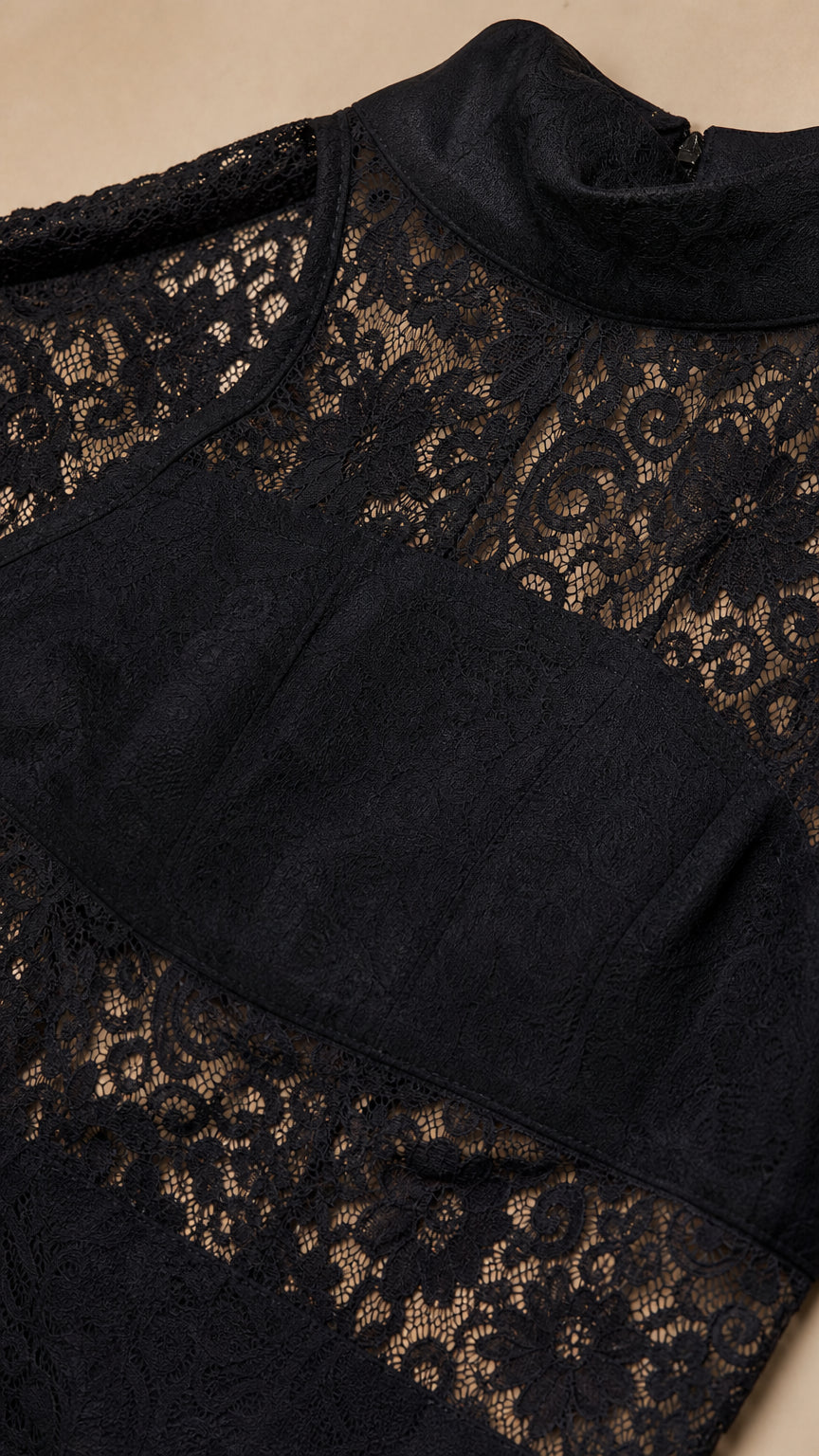 Close-up of mock neckline and floral lace texture