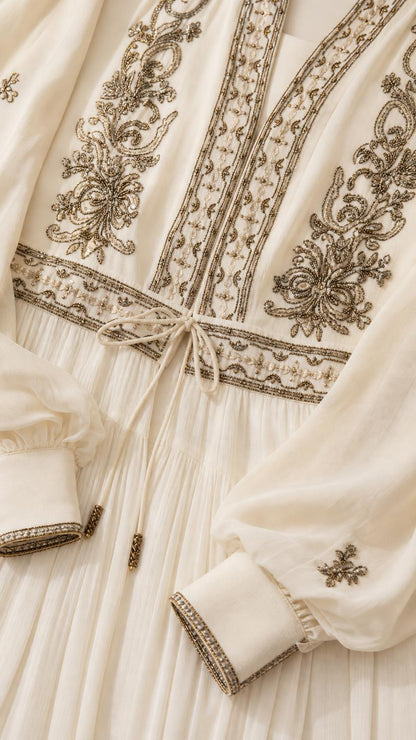 Close-up of bodice embroidery and cuffs on Ivory maxi dress