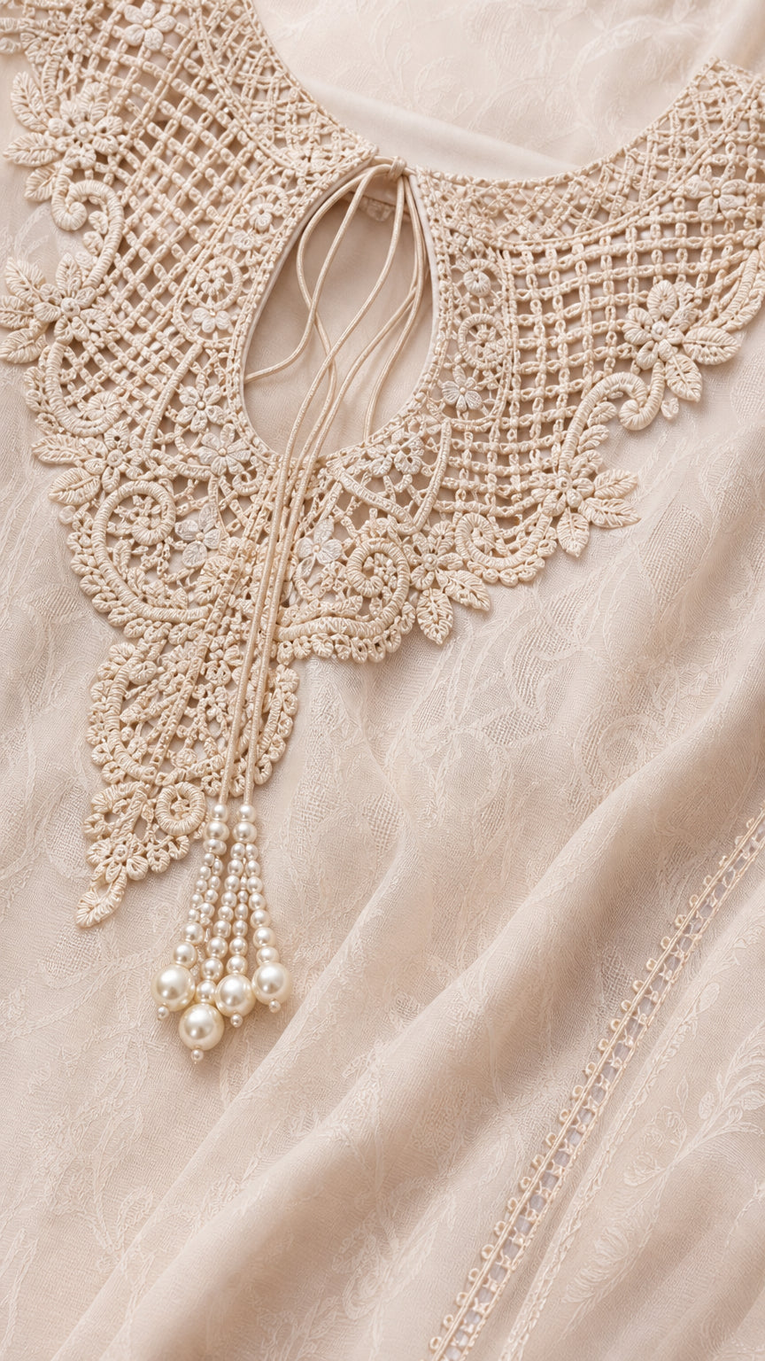 Close-up detail of crochet lace neckline and pearl tassel ties