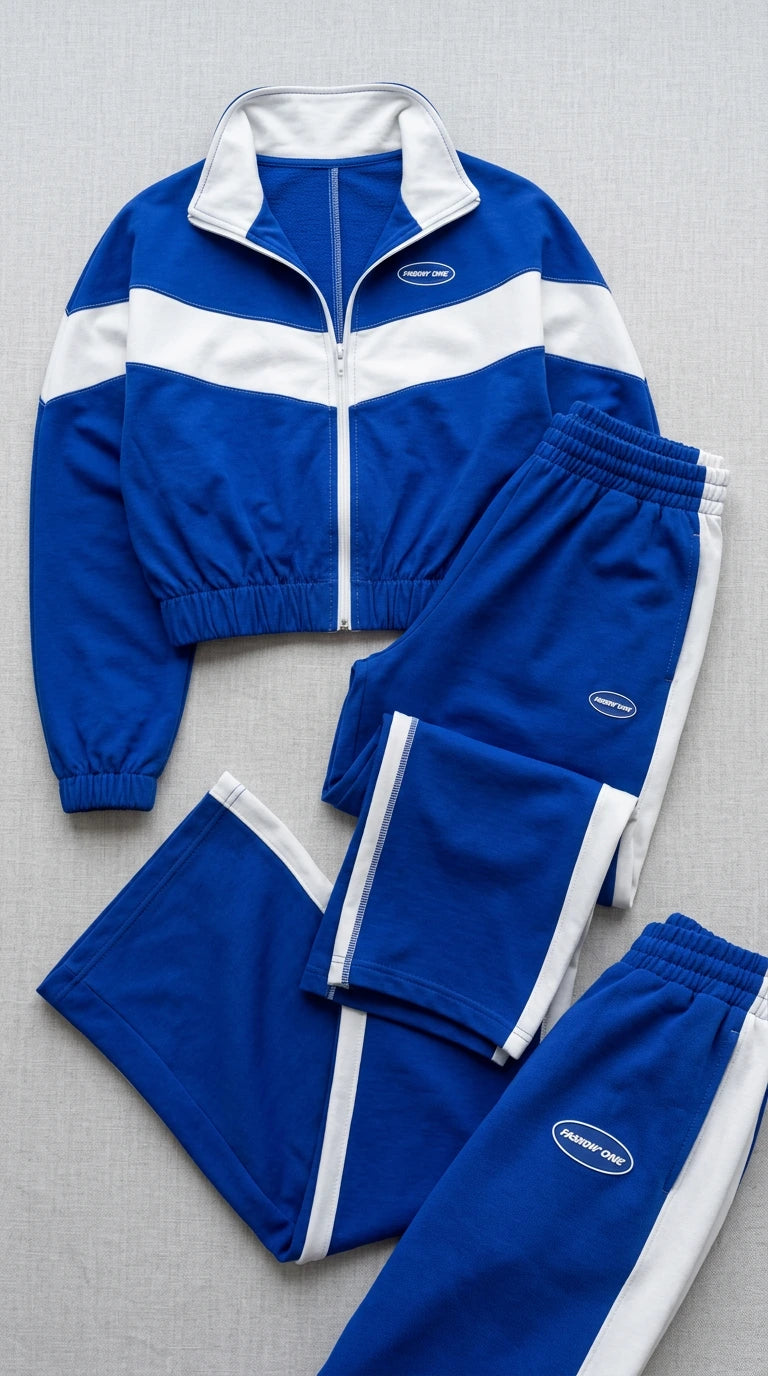 Flat lay display of Royal Blue zip-up cropped jacket and matching wide-leg trousers