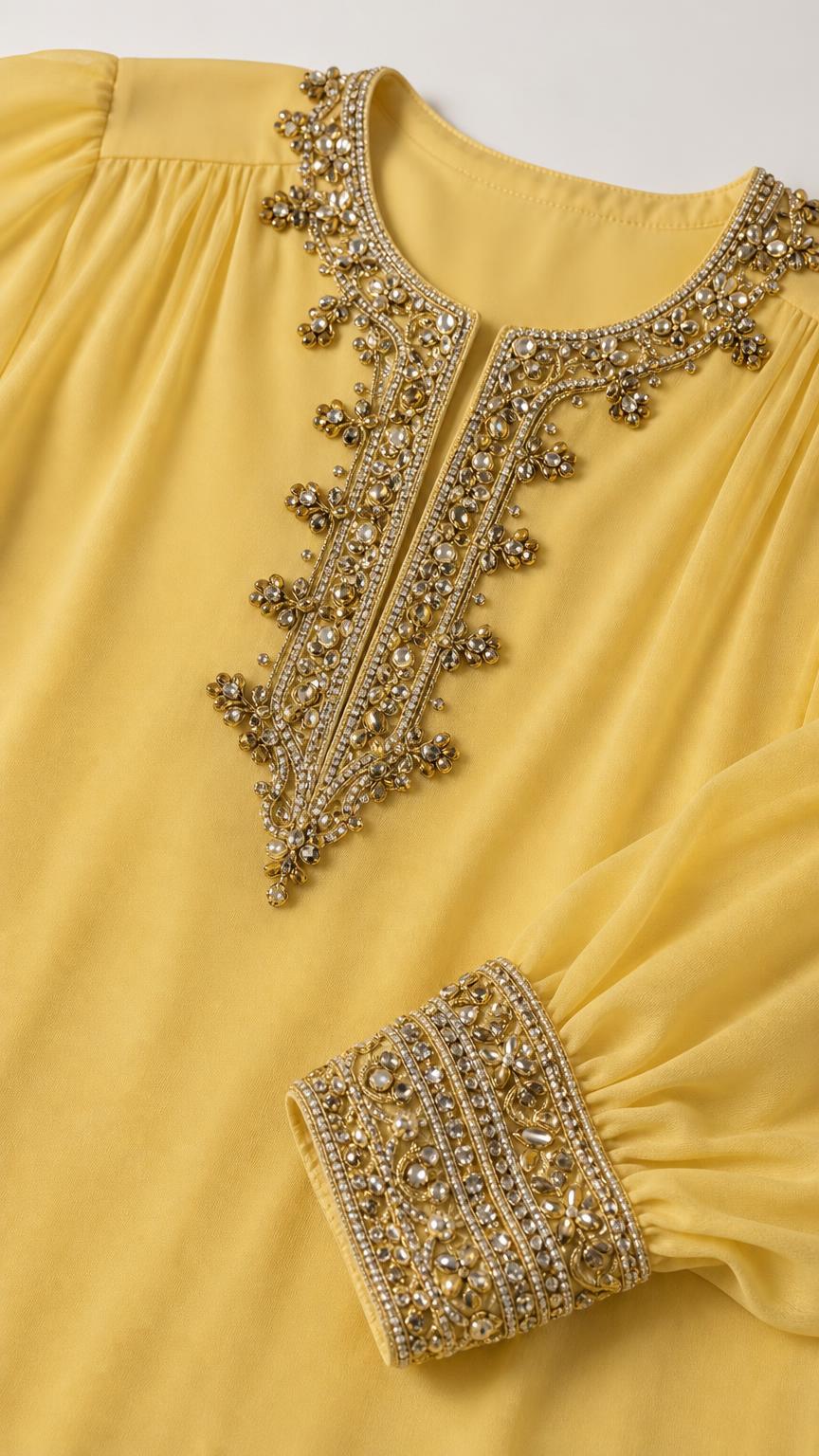 Close-up detail of beaded neckline and sleeve cuffs on yellow dress