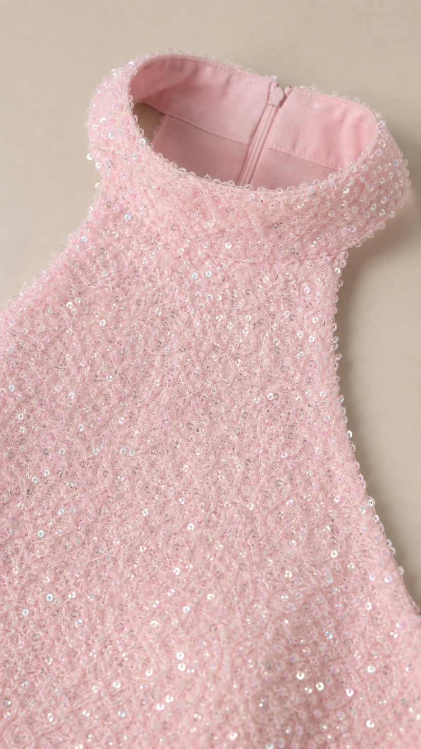 Close-up of pink sequin texture and halter neckline