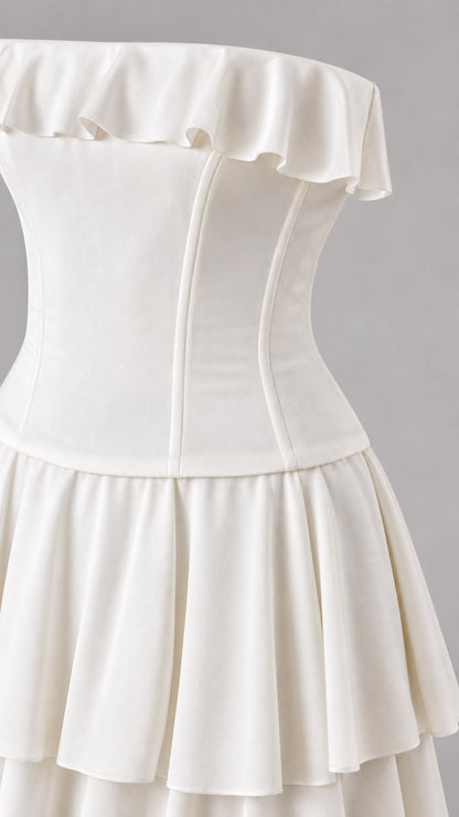 Close-up detail of structured bodice and ruffled neckline