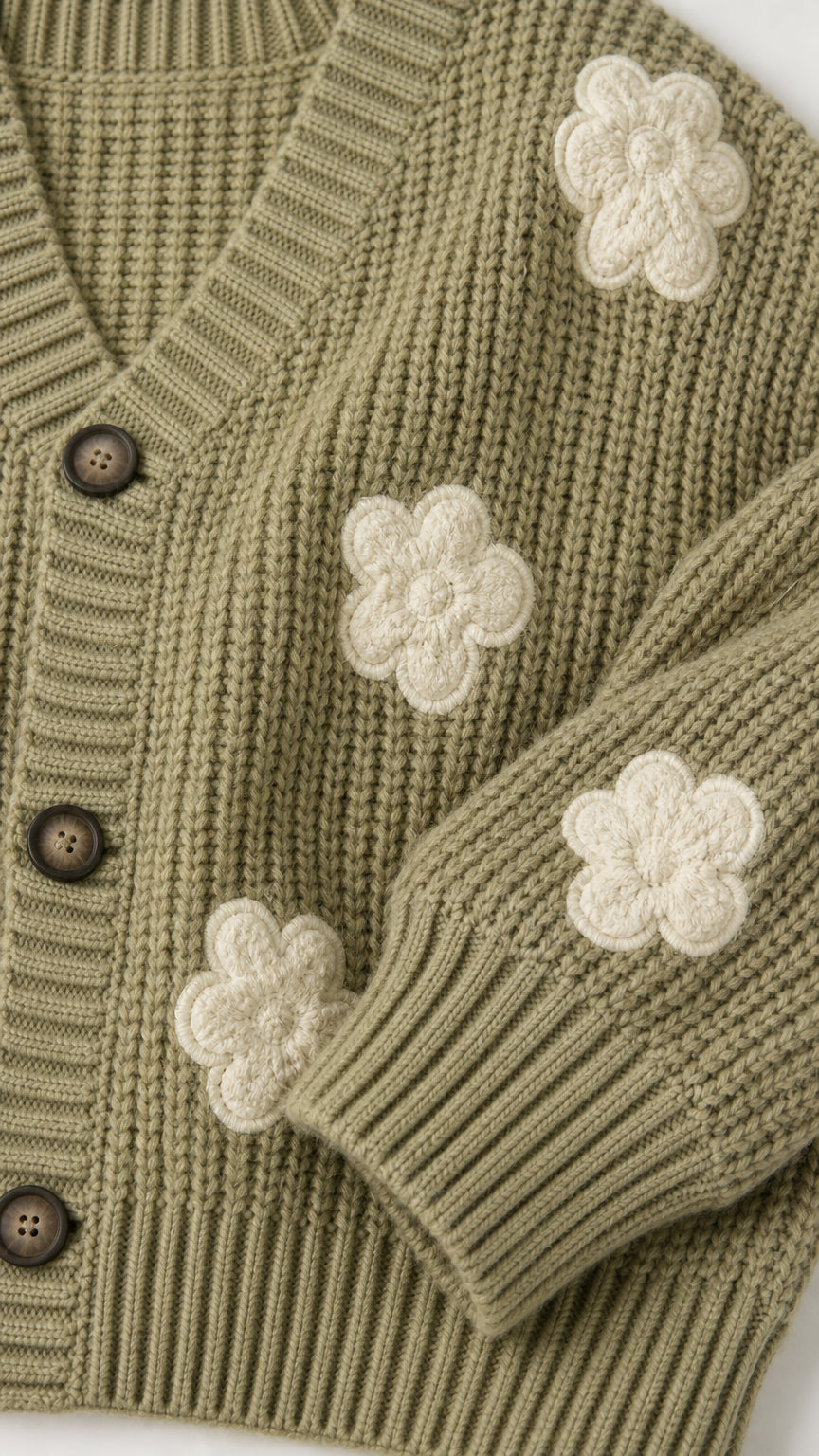 Close-up detail of sage green ribbed knit sweater texture, buttons, and 3D floral appliqué