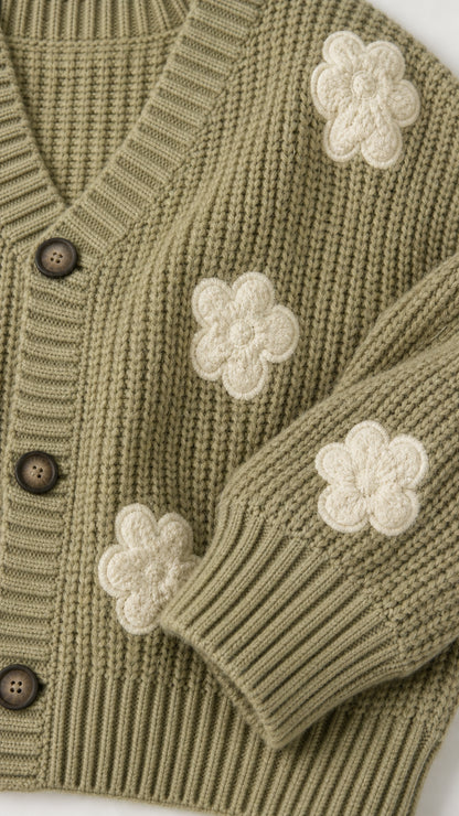 Close-up detail of sage green ribbed knit sweater texture, buttons, and 3D floral appliqué
