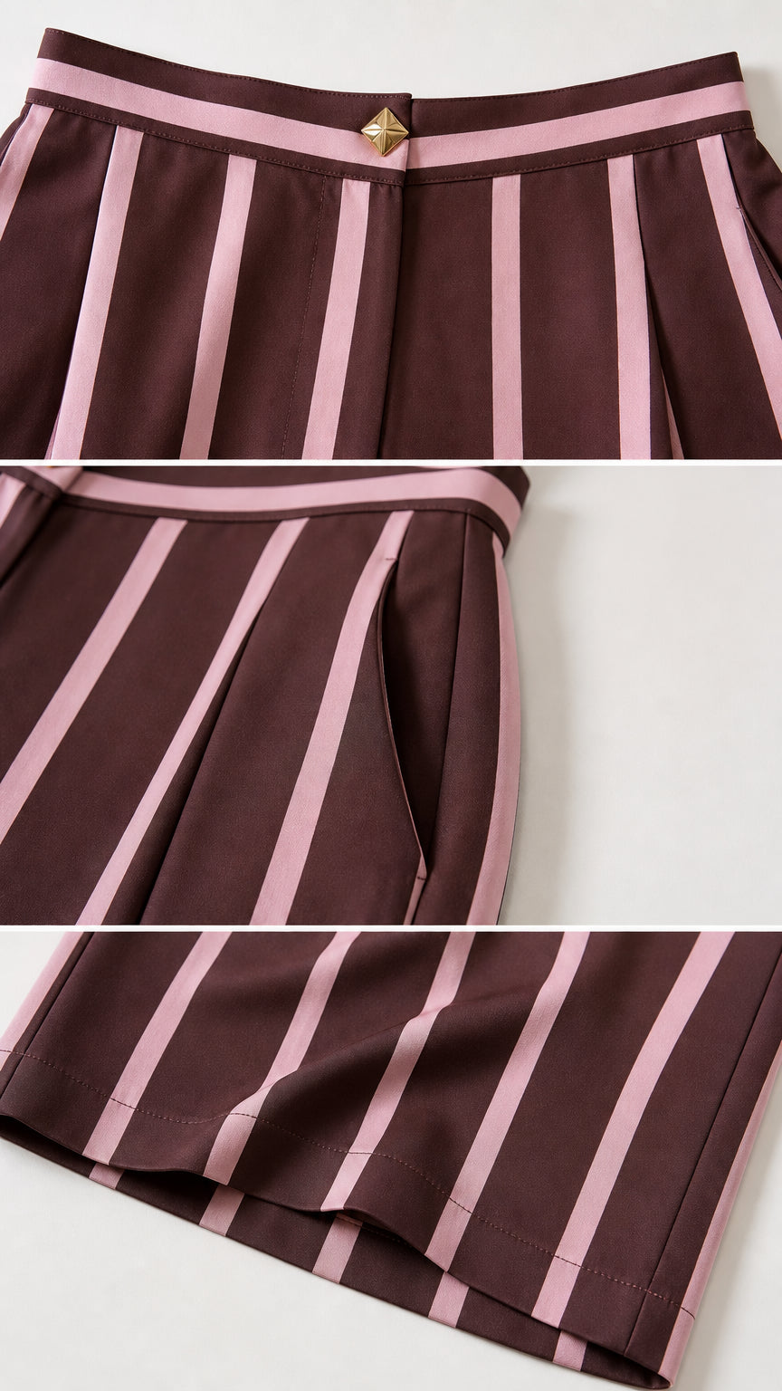 Close-up details of waistband, pocket, and hem of burgundy striped pants