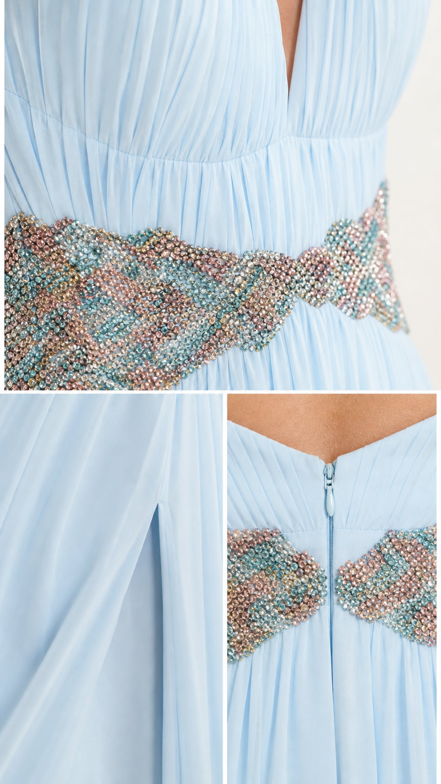 Close up of rhinestone waist belt and back zipper details