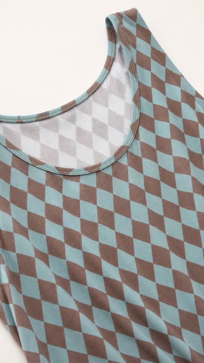 Close-up of fabric texture and scoop neckline of argyle dress