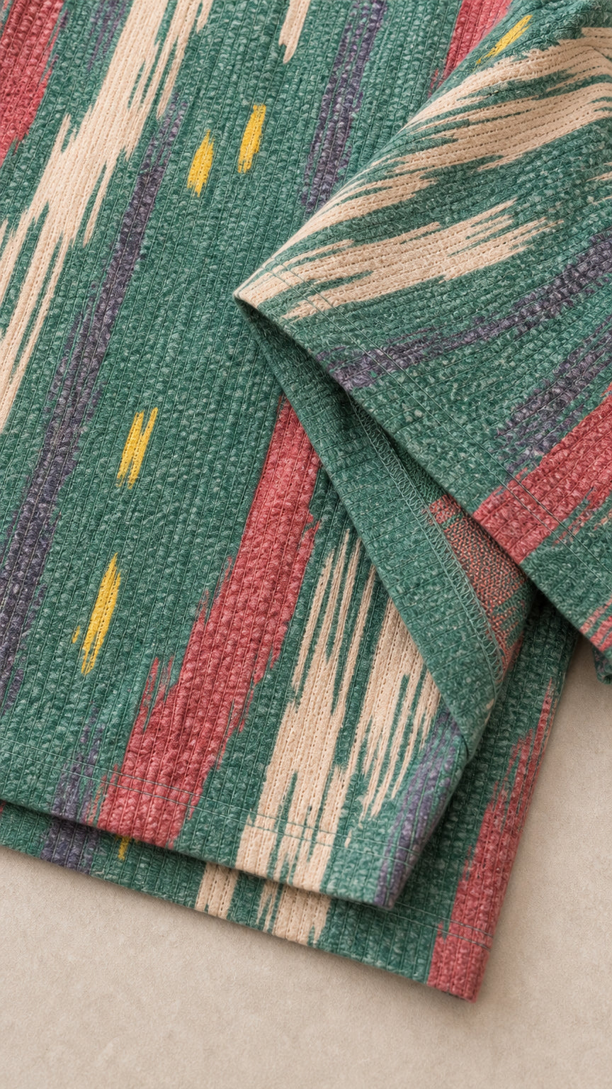 Close up textured fabric detail of green and pink ikat chevron pattern