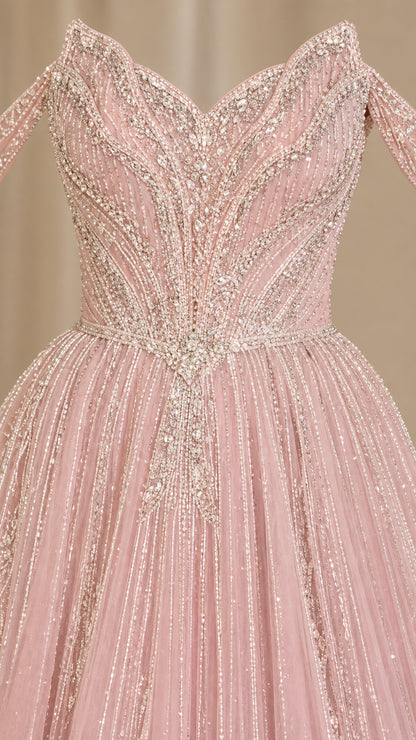 Close-up detail of bodice beadwork and rhinestone embellishments