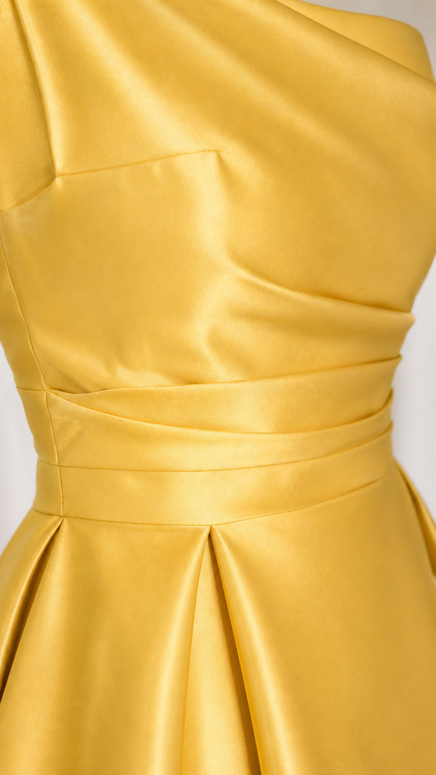 Close-up of pleated bodice and waistband on yellow satin dress
