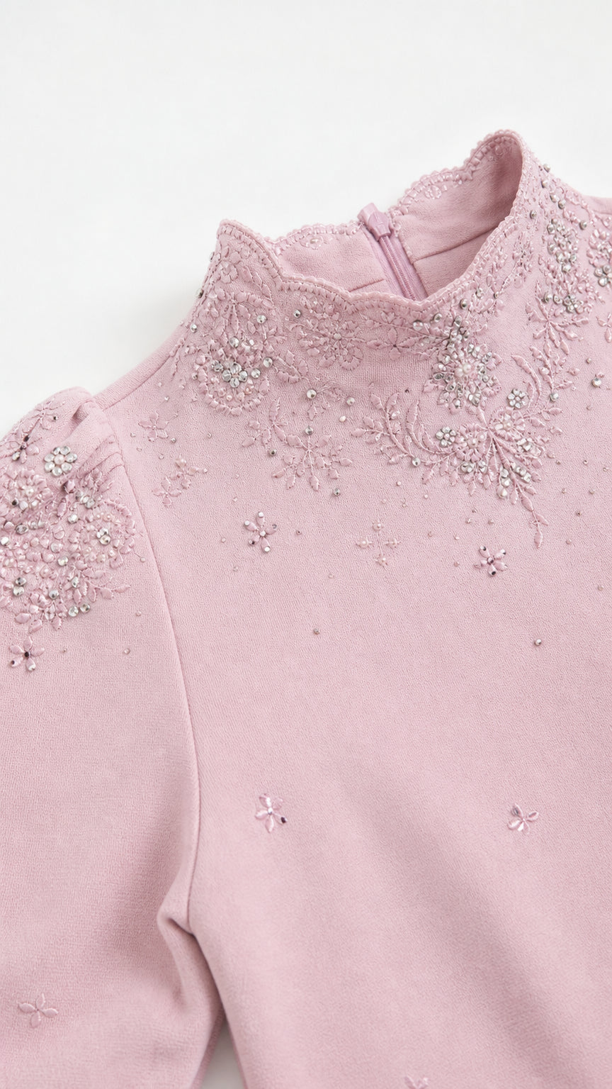 Close-up detail of the mock neck, shoulder embroidery, and beadwork