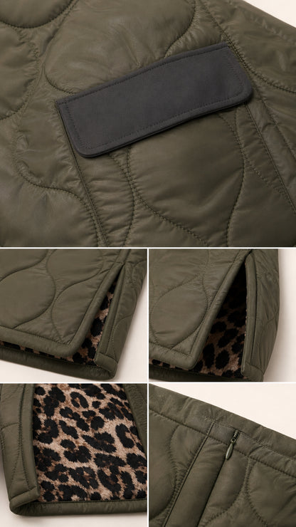 Close-up details of contrast flap pocket, side zipper, and leopard fleece lining