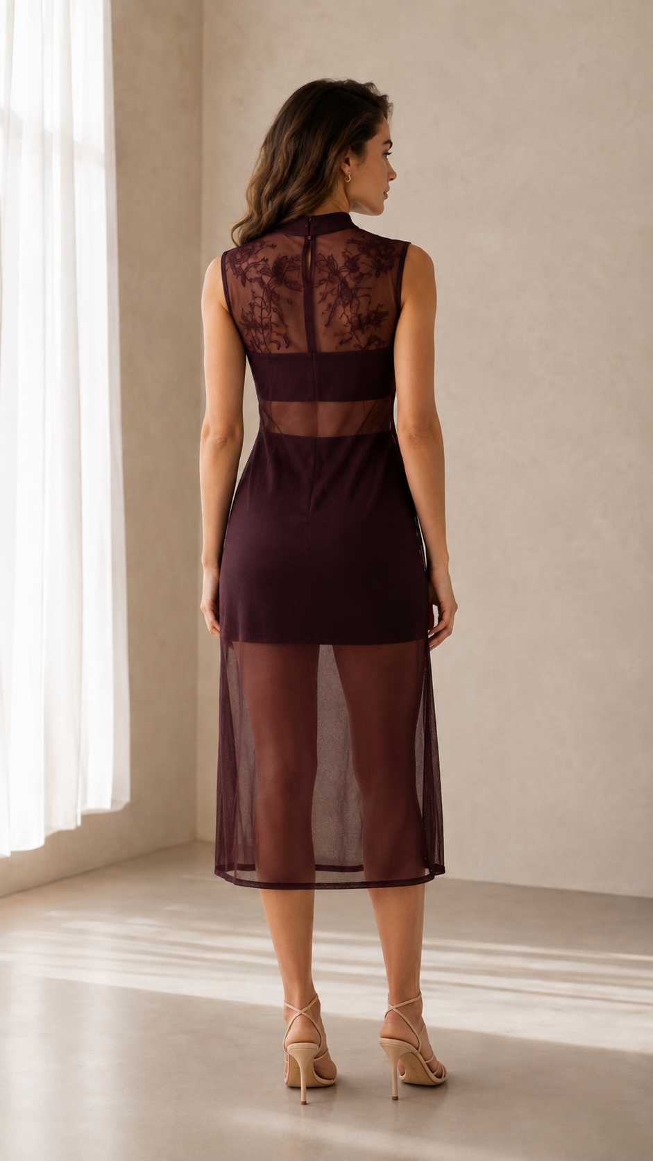 Elegance Sheer Mesh Embroidered Panel Midi Dress in Burgundy back view