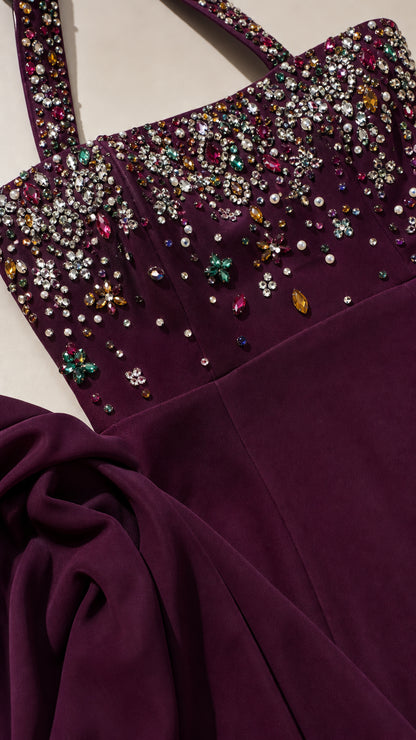 Close-up detail of rhinestone bodice and straps