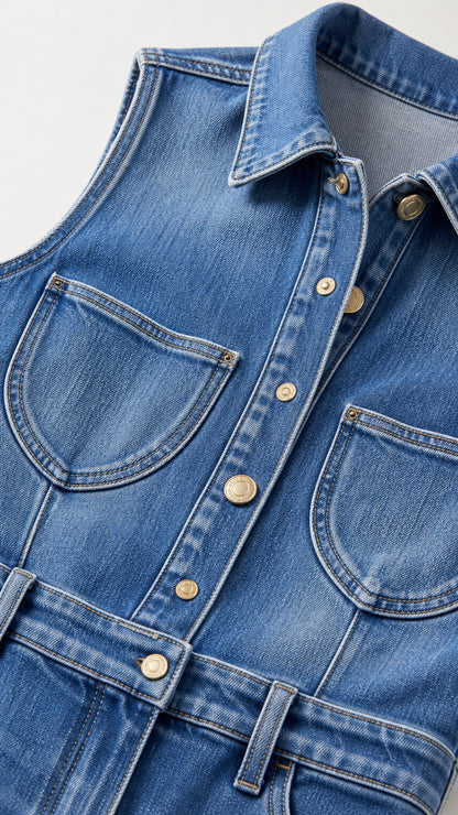 Close-up detail of collar, pockets, and buttons on denim jumpsuit