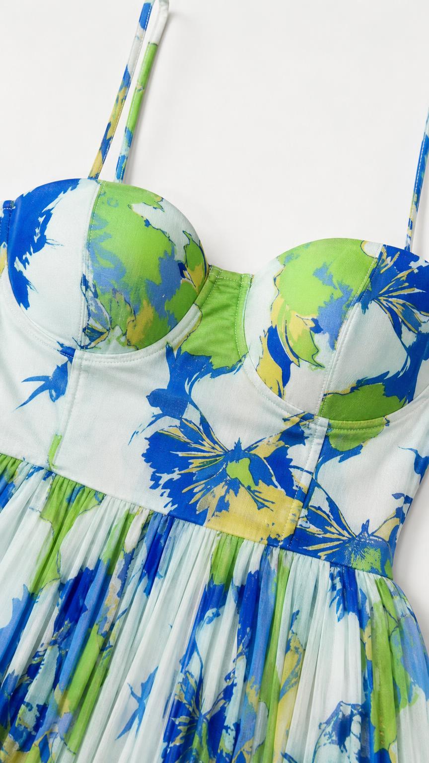 Close-up of structured bustier bodice and fabric pattern