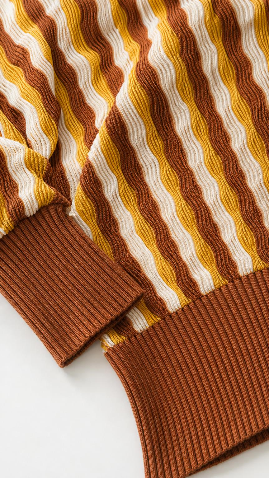 Close-up detail of mustard striped knit fabric and ribbed cuff