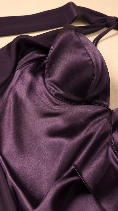 Close-up detail of satin bodice and strap construction