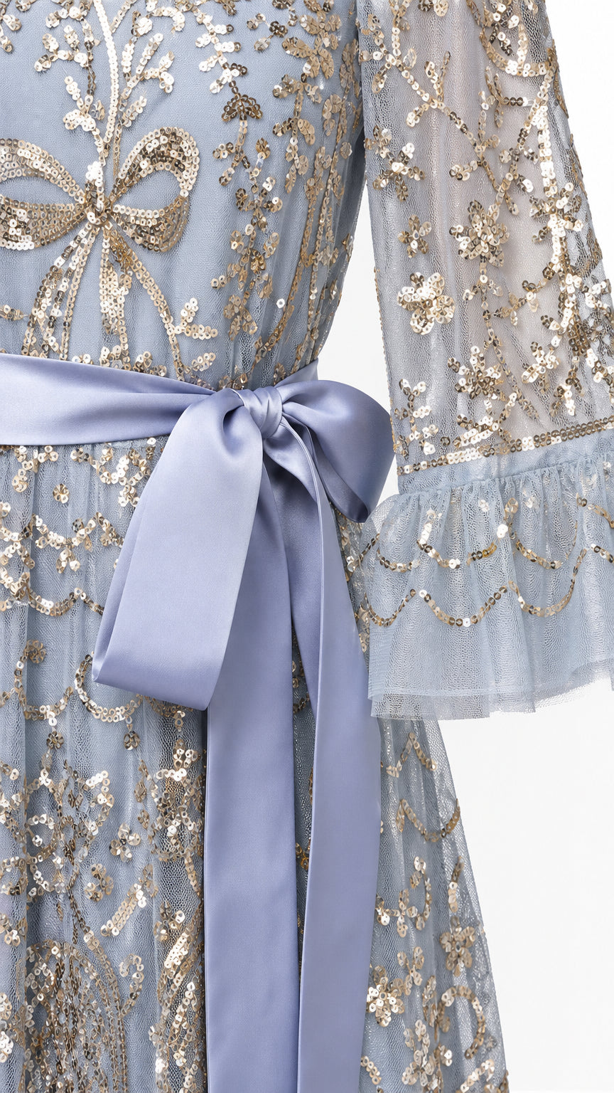Close-up detail of bodice, sleeves, and satin sash in light blue