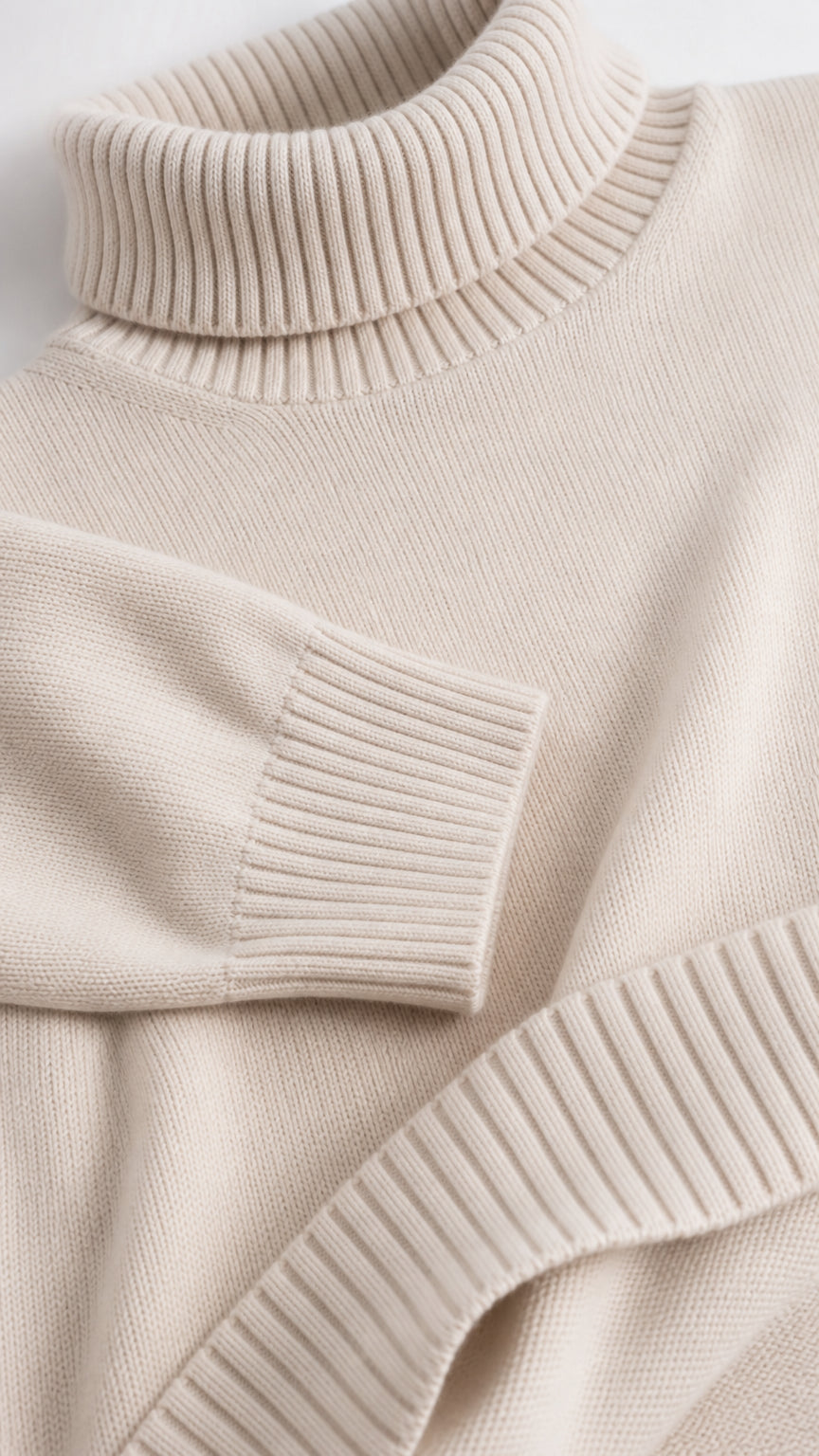 Close-up detail of ribbed turtleneck collar and knit texture in beige
