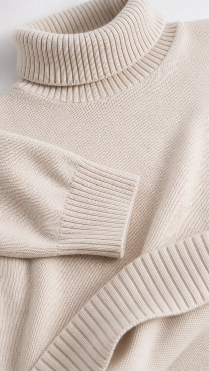 Close-up detail of ribbed turtleneck collar and knit texture in beige