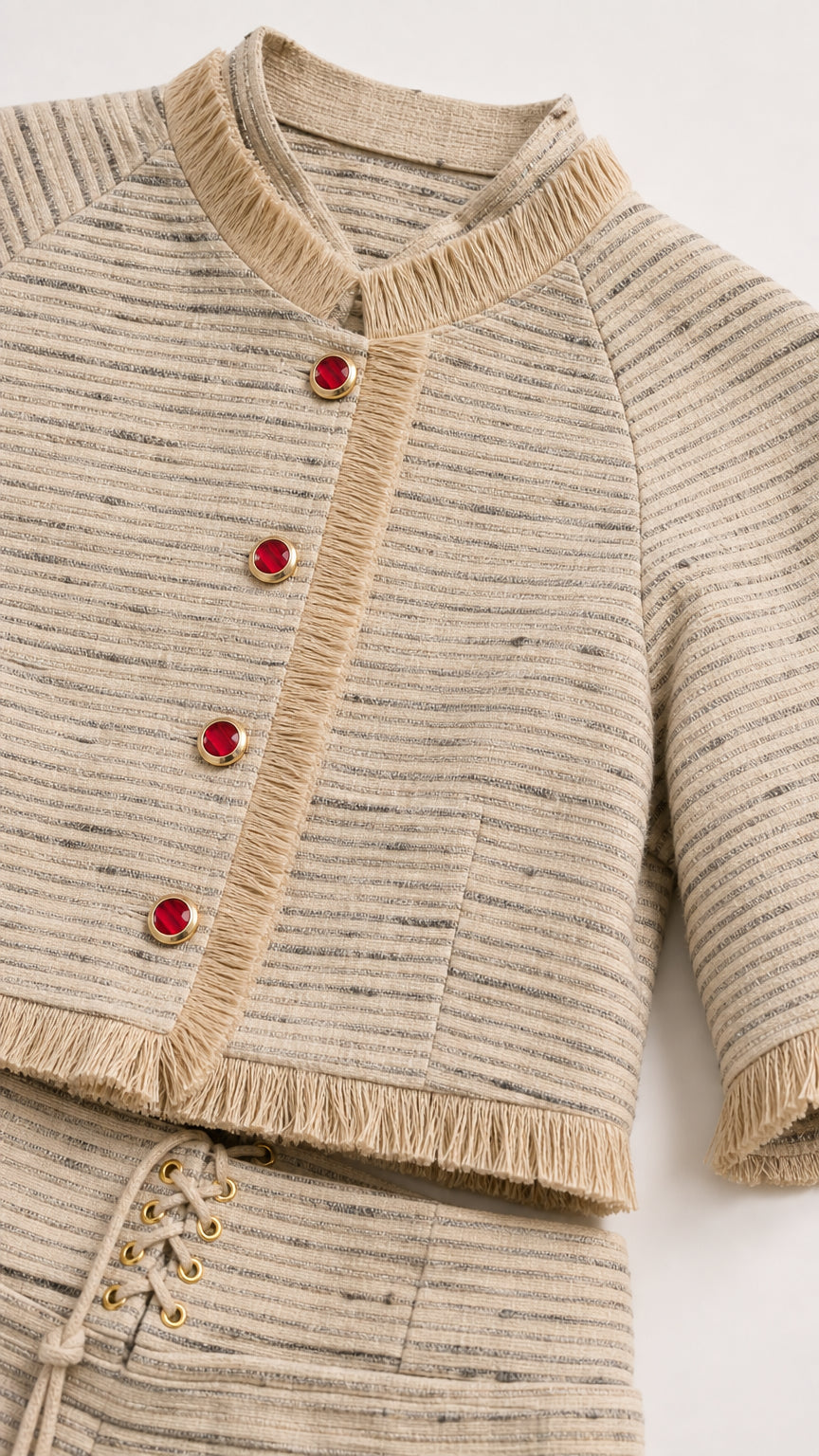 Close-up detail of beige tweed crop jacket buttons and fringe trim