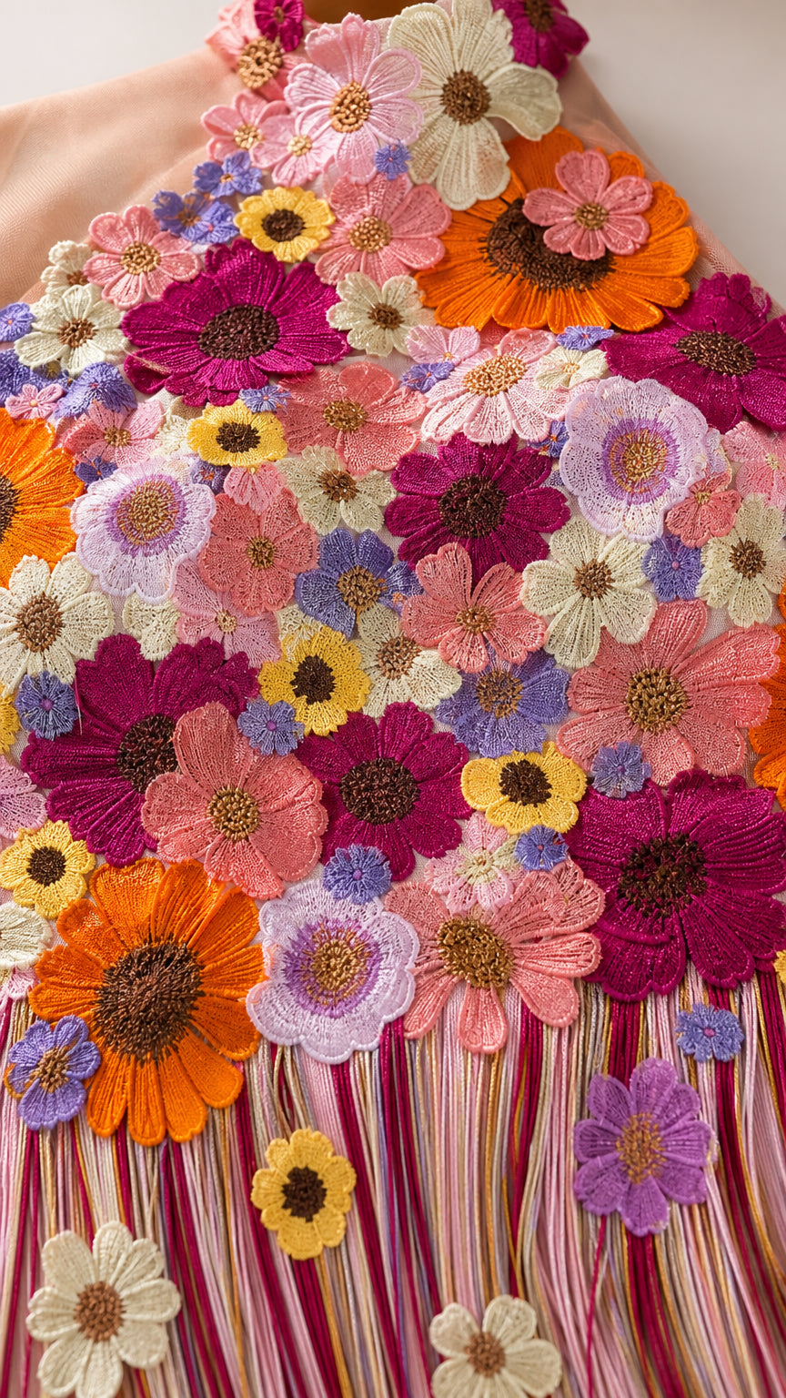 Close up detail view of colorful 3D floral appliques on bodice