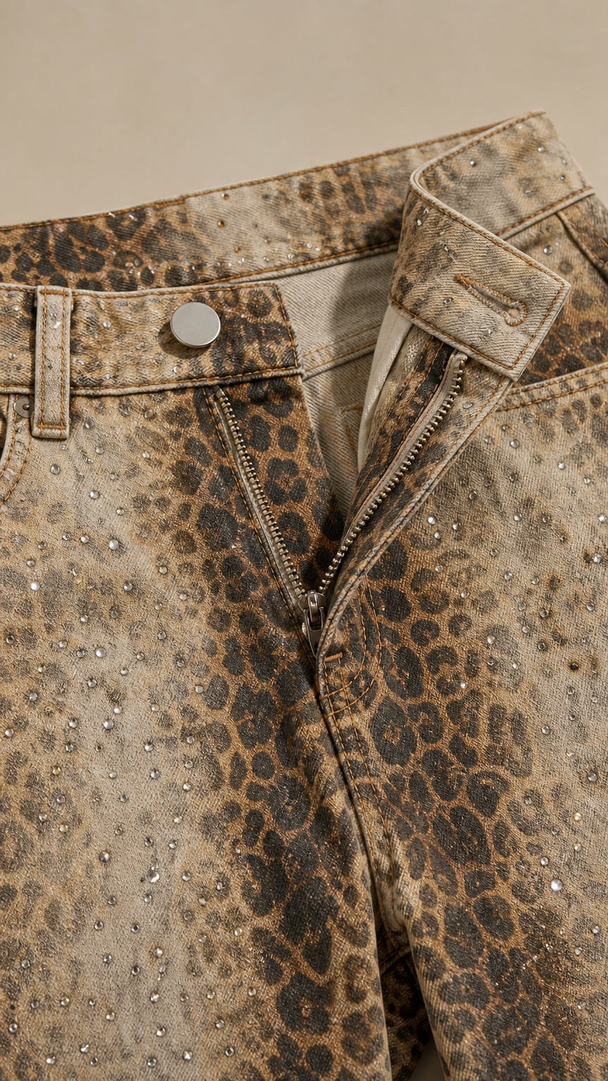 Close-up of waistband and rhinestone details on leopard denim